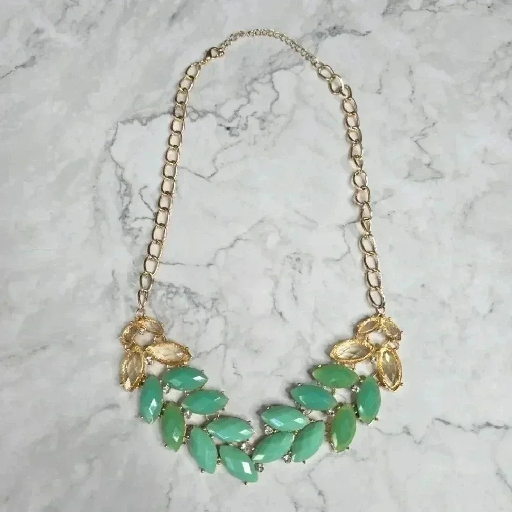 Green Leaf Gold Rhinestone Gem Chain Link Multicolor Statement Necklace